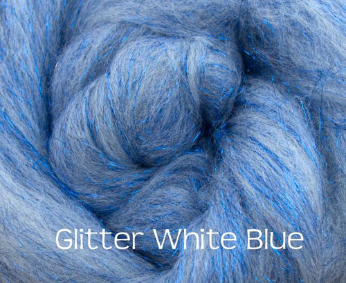 Glitter White/Blue ~ Merino Stellina Glitter Combed Top ~ Luxury Spinning Fiber / 1 oz