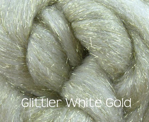 Glitter White/Gold  ~ Merino Stellina Glitter Combed Top ~ Luxury Spinning Fiber / 1 oz