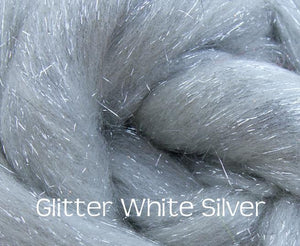 Glitter White/Silver ~ Merino Stellina Glitter Combed Top ~ Luxury Spinning Fiber / 1 oz