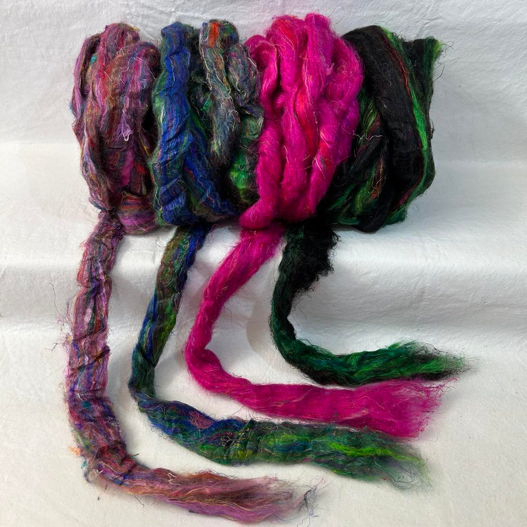 Pulled Sari Silk Sampler Pack! Textured Roving (Sku:0923) ~ 4 Oz Add-Ins