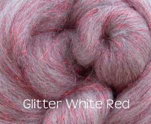Glitter White/Red ~ Merino Stellina Glitter Combed Top ~ Luxury Spinning Fiber / 4 oz
