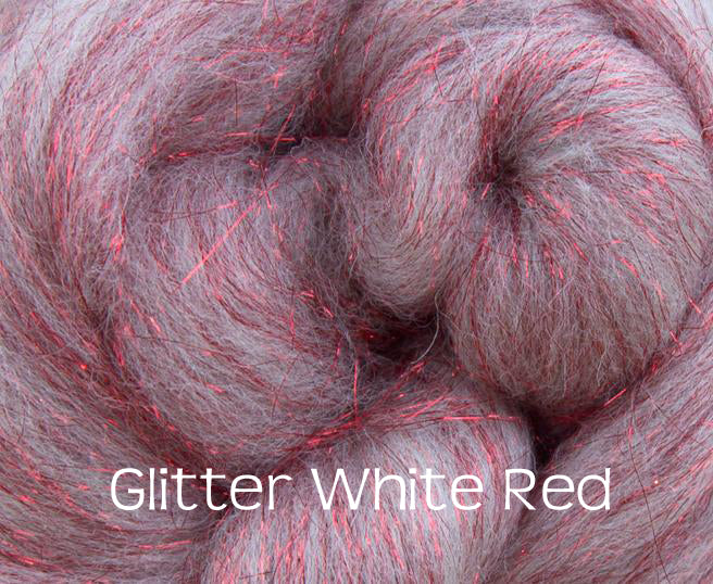 Glitter White/Red ~ Merino Stellina Glitter Combed Top ~ Luxury Spinning Fiber / 1 oz