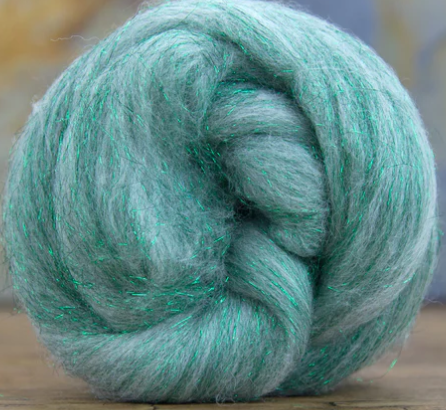 Glitter White/Green ~ Merino Stellina Glitter Combed Top ~ Luxury Spinning Fiber / 4 oz